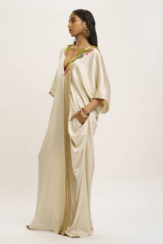 AK-OK Silk Bead Embellished Kaftan Dress 