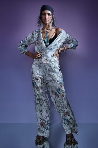 AK-OK Silk Floral Print Jacket & Pant Set 