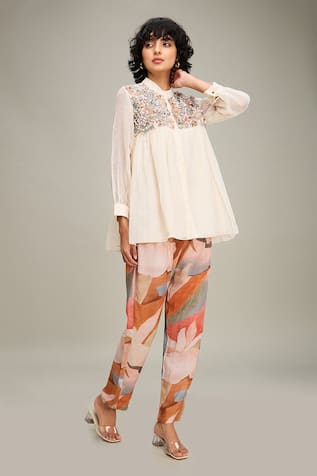 Soup By Sougat Paul Floral Beaded Yoke Top & Abstract Printed Pant 
