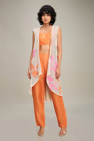 Soup By Sougat Paul Zinnia Floral Applique Hand Embroidered Cape With Pant Set 