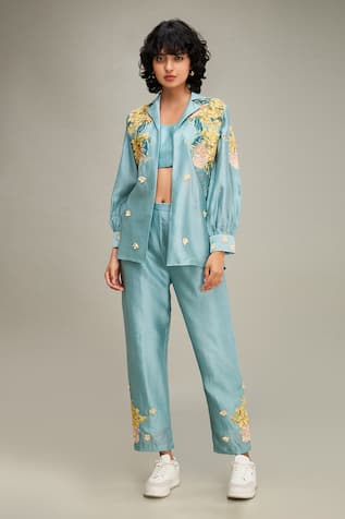 Soup by Sougat Paul Zinnia Applique Embroidered Jacket Pant Set 