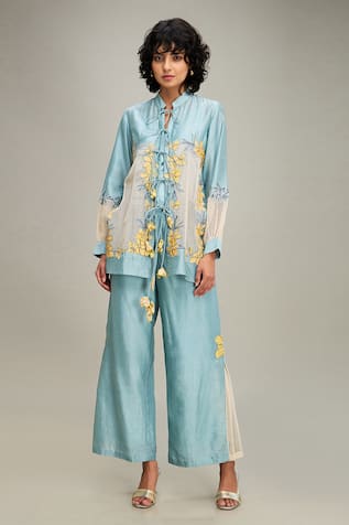 Soup by Sougat Paul Zinnia Floral Applique Embroidered Jacket & Pant Set 