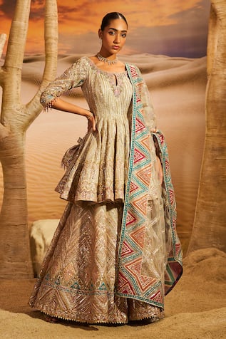 Label Disha Arora Gulnaz Sequin Hand Embroidered Short Anarkali Sharara Set 