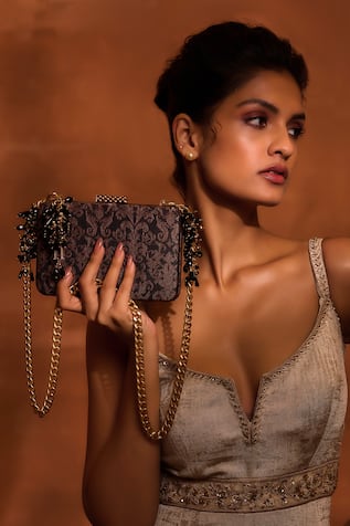 Tarun Tahiliani Fleur Brocade Woven Clutch With Chain Strap 