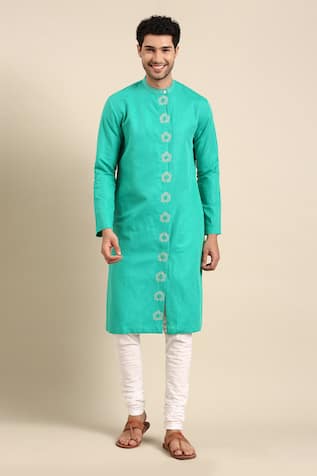Thread Embroidered Placket Kurta With Pant For Kids