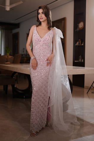 Mehul Gupta Sequin Hand Embroidered Gown With Sash 