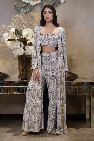 Mehul Gupta Pearl Embellished Bloom Lace Jacket Flared Pant Set 