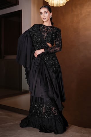 Mehul Gupta Garden Cutdana Embellished Frilly Lehenga Saree With Blouse 