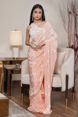 Mehul Gupta Pearl Leaf Applique Embellished Pre-Draped Saree With Blouse 