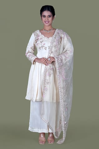 Gaurav Katta Floral Thread Embroidered Short Anarkali Sharara Set 