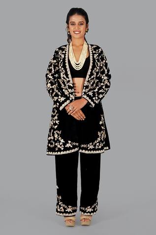 Gaurav Katta Velvet Floral Thread Embroidered Jacket Pant Set 