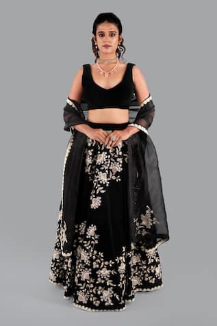 Gaurav Katta Velvet Pearl Embellished Lehenga Set 