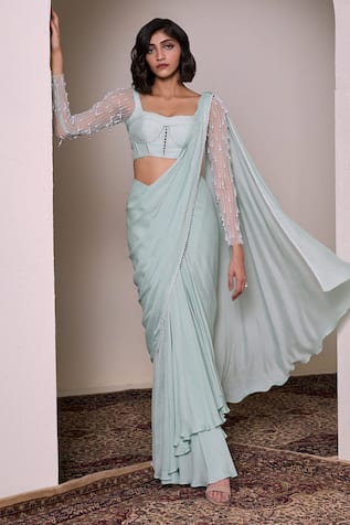 Parshya Border Hand Embellished Pre-Draped Saree With Blouse 