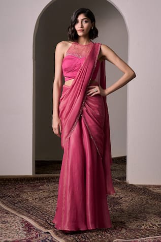 Parshya Border Embellished Pre-Draped Saree With Blouse 