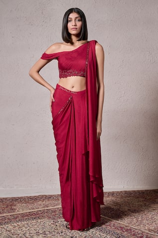 Parshya Berry Roman Border Embellished Pre-Draped Saree With Blouse 