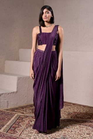 Parshya Cadbury Pre-Draped Saree With Embellished Blouse 