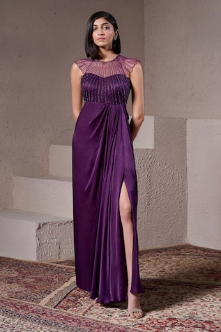 Parshya Cadbury Sweet Love Yoke Embroidered Draped Gown 