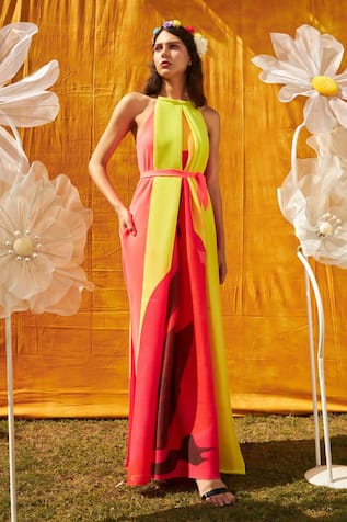 Tasuvure Finella Colorblocked Halter Neck Cape Maxi Dress 