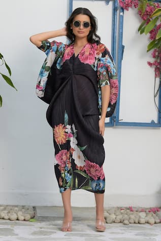 Tasuvure Kimono Kitsch Botanical Blossom Print Dress 