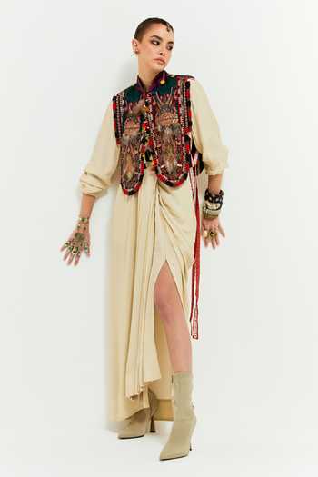 Aseem Kapoor Zuri Tribal Resham Thread Embroidered Gilet Draped Skirt Set 