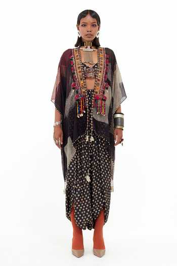 Aseem Kapoor Gami Boho Print Sheer Envelope Jacket Draped Skirt Set 