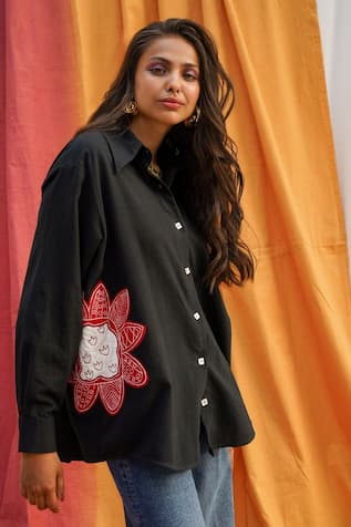 Jodi Kokum Bloom Applique Handloom Shirt 