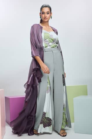Nirmooha Solid Trench Coat With Printed Pant Set 