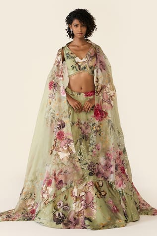 Varun Bahl Floral Print Embroidered Lehenga Set 