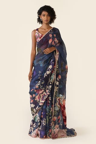 Varun Bahl Floral Print Saree With Embroidered Blouse 