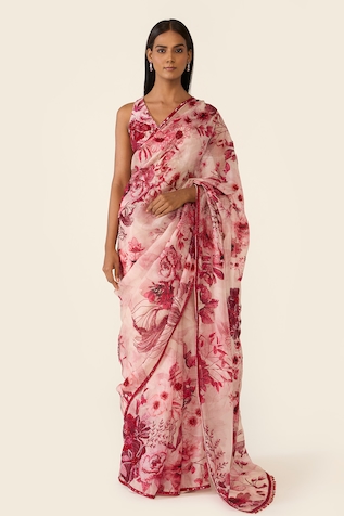 Varun Bahl Floral Print Organza Saree With Embroidered Blouse