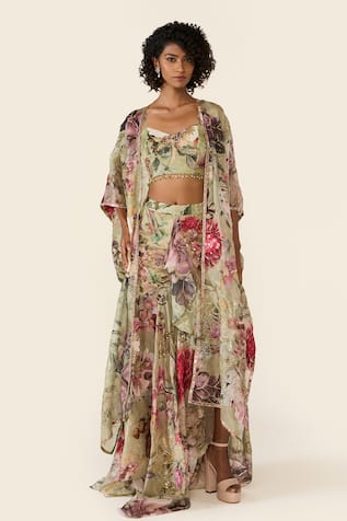 Varun Bahl Floral Print Cape & Asymmetric Skirt Set 