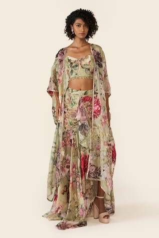 Varun Bahl Floral Print & Embroidered Cape 