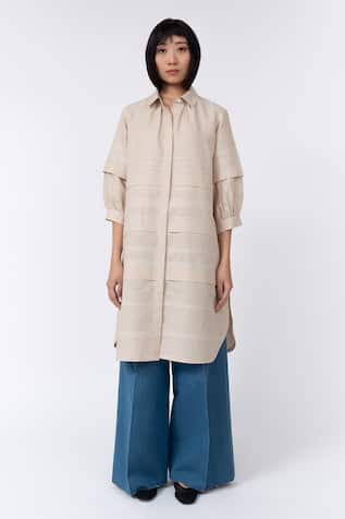 Leh Studios Fence Pleated Solid Shirt Dress 