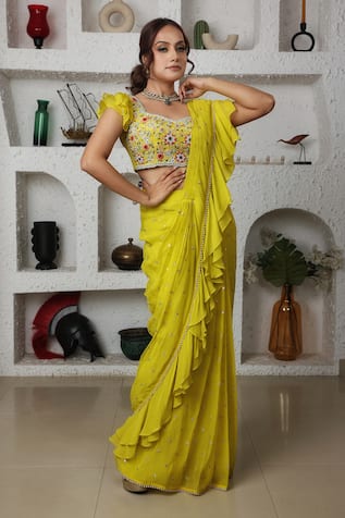 Lasha Pre-Draped Ruffle Saree With Blouse 