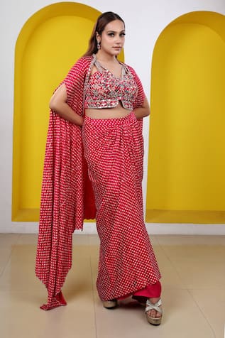 Lasha Bandhani Print Cape Draped Skirt Set 