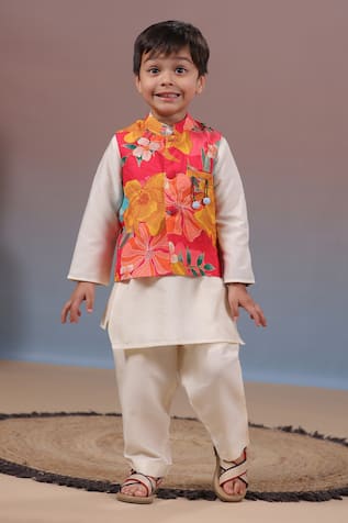 CASA NINOS Floral Print Bundi Kurta Set 