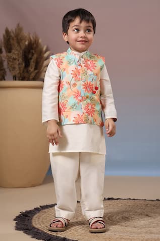 CASA NINOS Floral Print Bundi Kurta Set 