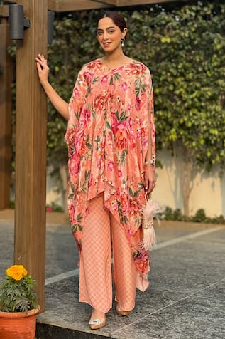 Be Chic Meadow Bloom Print Draped Kaftan With Pant 