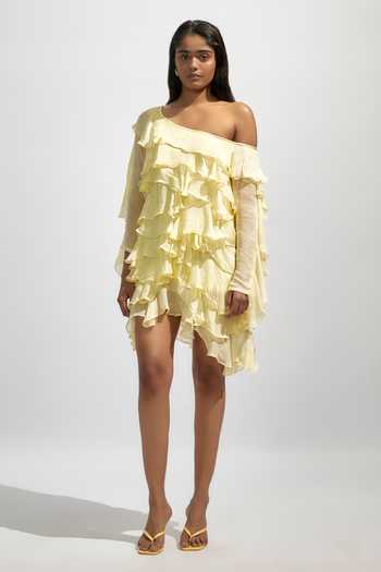 Buy Yellow Chiffon Ruffles Asymmetric Solid One-shoulder Short Dress For  Women by Deme By Gabriella Online at Aza Fashions.