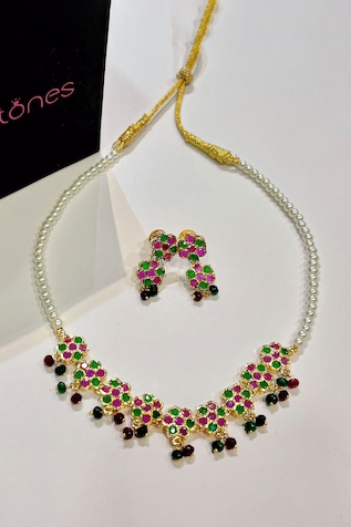 Prestones Stone Studded Floral Pearl Necklace Set