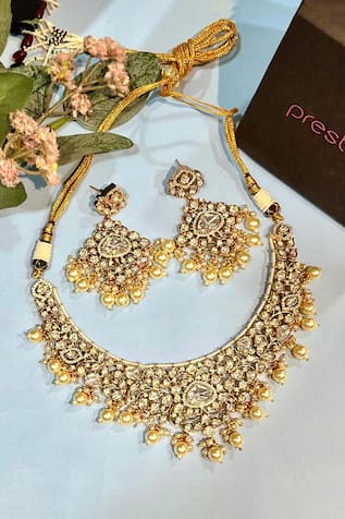 Prestones Kundan Studded Pearl Tassel Necklace Set 