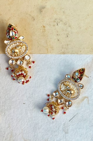 Prestones Enamelled Stone Embellished Temple Earrings 