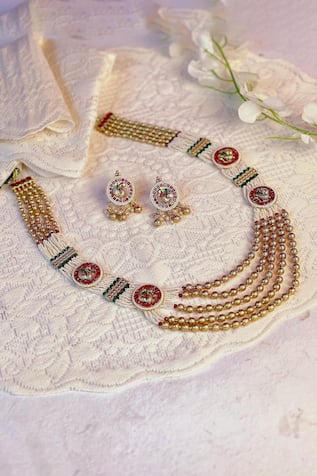 Prestones Pearl Embellished Layered Temple Necklace Set 