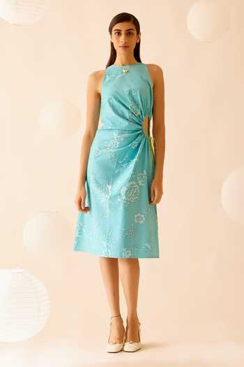 Bunka Pia Floral Pattern Side Cut-Out Dress 