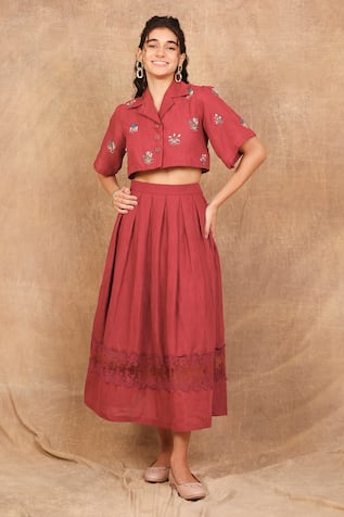 The Right Cut Red Floral Embroidered Shirt & Skirt Set 