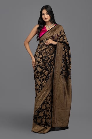 Zal From Benaras Floral Vine Pattern Saree With Unstitched Blouse Piece 