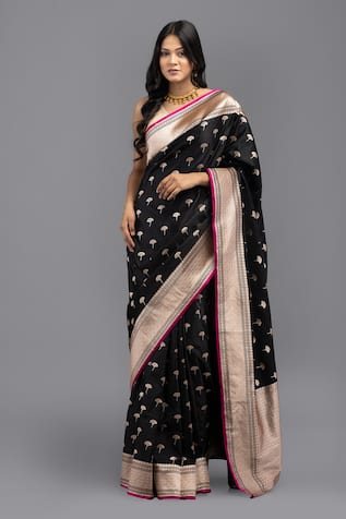 Zal From Benaras Pure Silk Floral Woven Saree With Unstitched Blouse Piece 