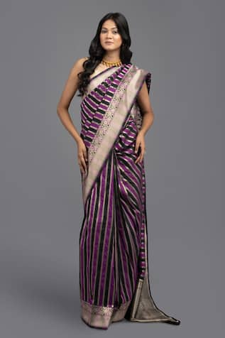 Zal From Benaras Rangkat Stripe Woven Saree With Unstitched Blouse Piece 