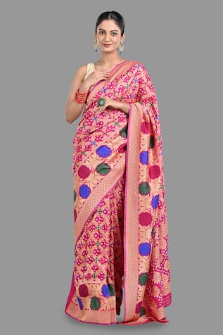 Zal From Benaras Bandhej Work Handloom Saree With Unstitched Blouse Piece 