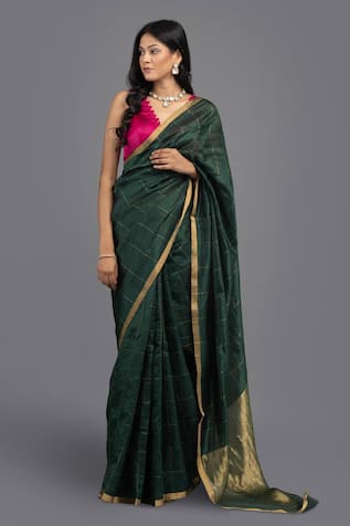 Zal From Benaras Contrast Hem Handloom Saree With Unstitched Blouse Piece 